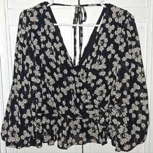 She + Sky Black and Cream Floral Wrap With Side Tie Blouse